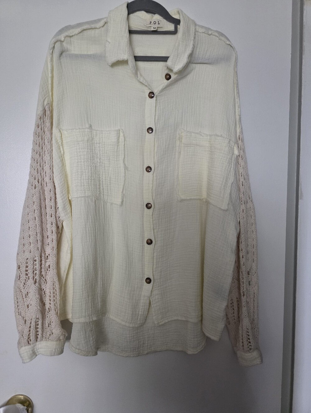 POL Cream Gauze Button-Front Shirt with Crochet Sleeves